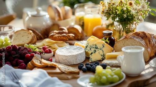 A delightful breakfast table featuring a variety of cheeses, fresh fruits, bread, juice, and tea, accompanied by a vase of flowers, creating a warm and inviting atmosphere. 