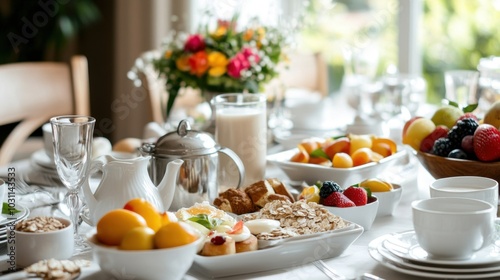 Wallpaper Mural breakfast; table; fruits; pastries; cereal; coffee; rustic; meal; food; morning; fresh; bread; muffins; tomatoes; oats; healthy; drinks; juice; family breakfast; hearty; brunch; dishes; dining; spread Torontodigital.ca