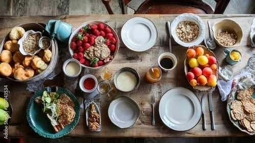 Overhead view of a rustic breakfast table featuring fresh fruits, pastries, cereal bowls, coffee, and other breakfast items, set for a hearty meal. 