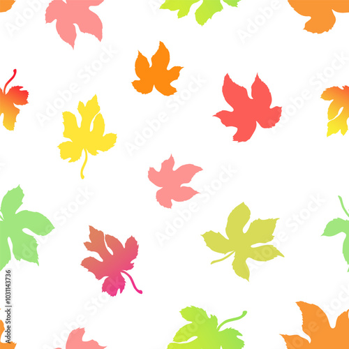 Seamless pattern with colorful fig leaves on a white background