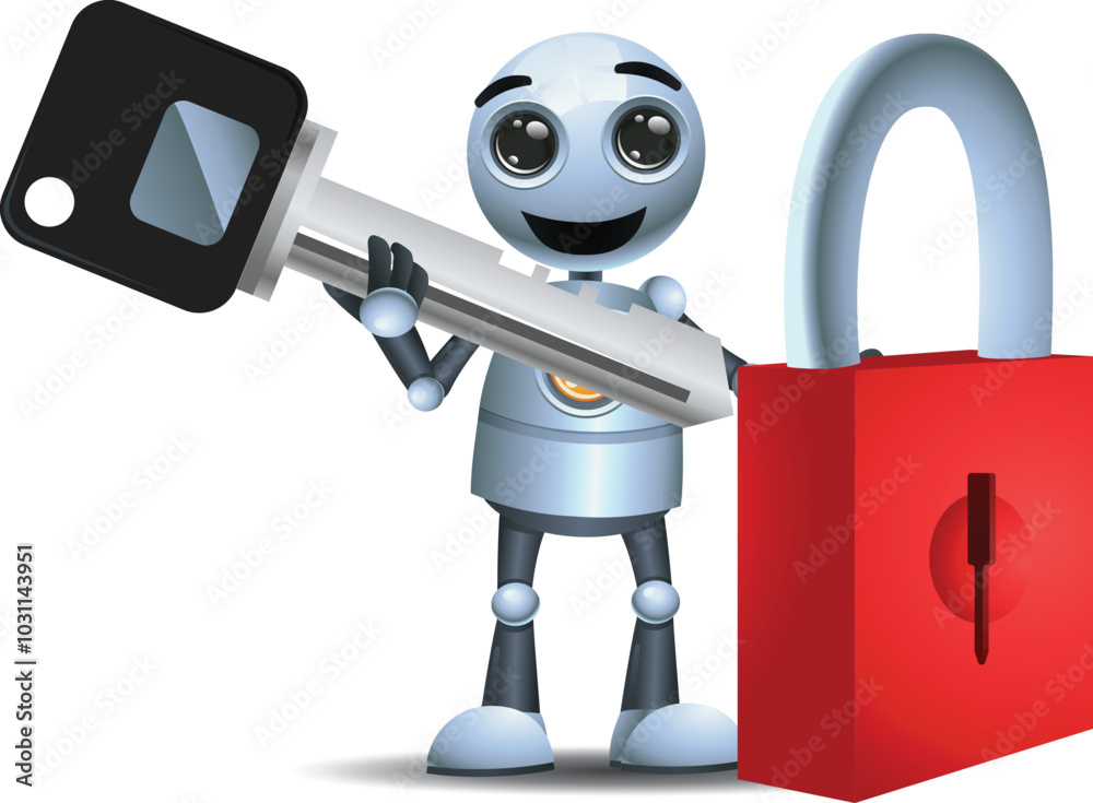 Fototapeta premium 3D illustration of a little robot worker showing key and safety lock on isolated white background