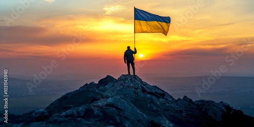 A person stands triumphantly on a mountain peak holding the Ukrainian flag. The sunset paints the sky in vibrant colors. This image symbolizes hope, freedom, and national pride. AI