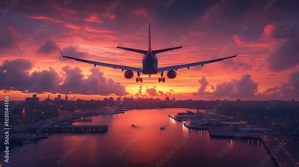 Airplane landing over a city skyline during a dramatic sunset. Airplane landing over a city skyline during a dramatic sunset.