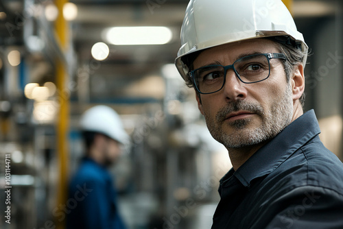 Male engineer wearing glasses and white hard hat in a manufacturing plant.