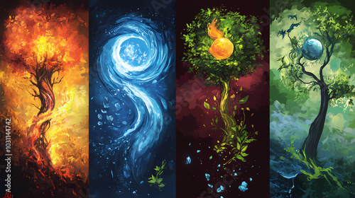 Five elements of nature represented in harmonious balance: earth, water, fire, air, and space. Earth Elemental. Illustration