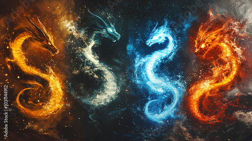 Four elemental dragons - fire, water, earth and air. Earth Elemental. Illustration