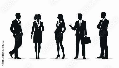 Silhouettes of diverse business professionals engaged in conversation, dressed in formal attire, showcasing dynamic interactions and teamwork in a corporate setting.