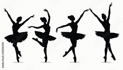 Silhouettes of female ballet dancers gracefully performing in various poses, showcasing elegance and poise against a neutral backdrop.