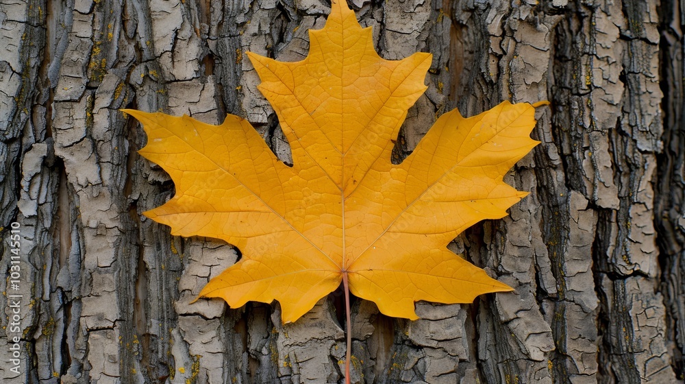 Golden Yellow Maple Leaf on Weathered Bark, Autumn Nature Scene, Tranquil Fall Foliage Golden Yellow Maple Leaf on Weathered Bark, Autumn Nature Scene, Tranquil Fall Foliage