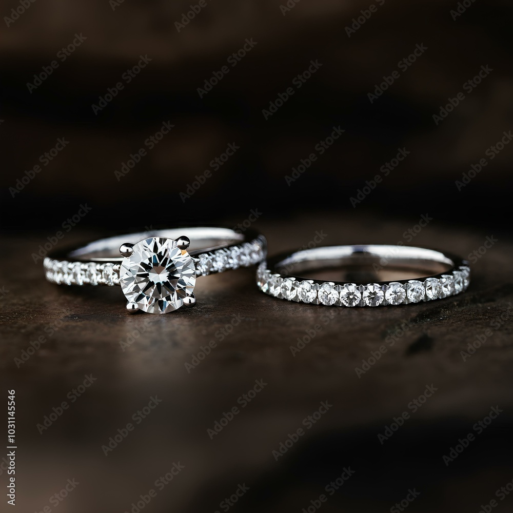 Two diamond rings, one engagement ring and one wedding band, placed on a dark surface. Two diamond rings, one engagement ring and one wedding band, placed on a dark surface.