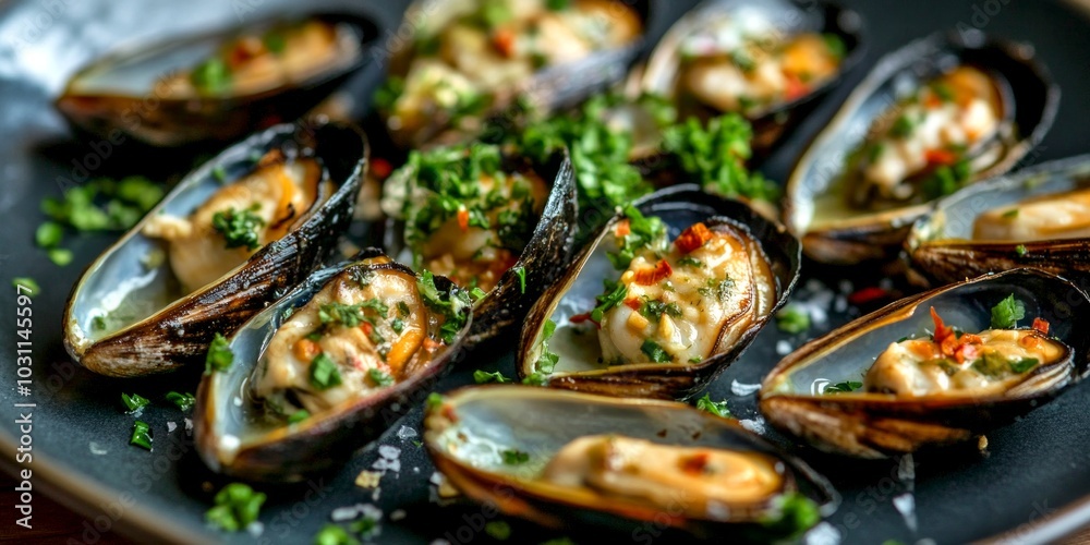 Freshly cooked mussels presented on a stylish black plate. The dish is decorated with herbs and spices, emphasizing its gourmet appeal. Perfect for seafood lovers enjoying fine dining. AI Freshly cooked mussels presented on a stylish black plate. The dish is decorated with herbs and spices, emphasizing its gourmet appeal. Perfect for seafood lovers enjoying fine dining. AI