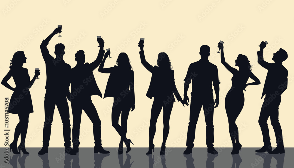 Fototapeta premium Silhouettes of diverse people celebrating with raised glasses, capturing a festive and joyful atmosphere.
