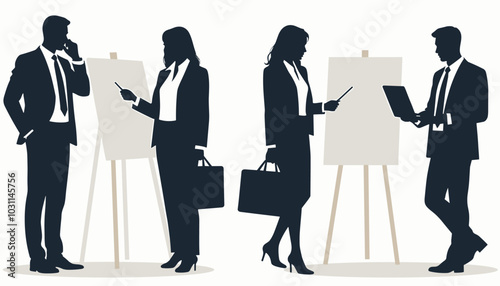 Silhouettes of business professionals engaged in discussions and presentations over blank canvases, exuding a scene of corporate strategy and teamwork.