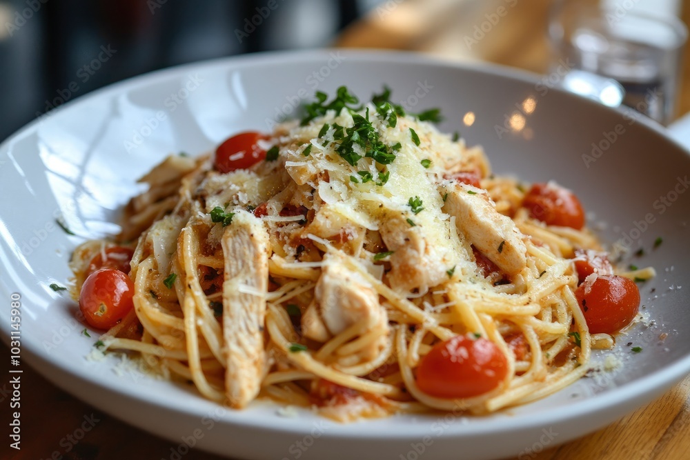 Spaghetti with chicken, cherry tomato and cheese, selective focus - generative ai Spaghetti with chicken, cherry tomato and cheese, selective focus - generative ai