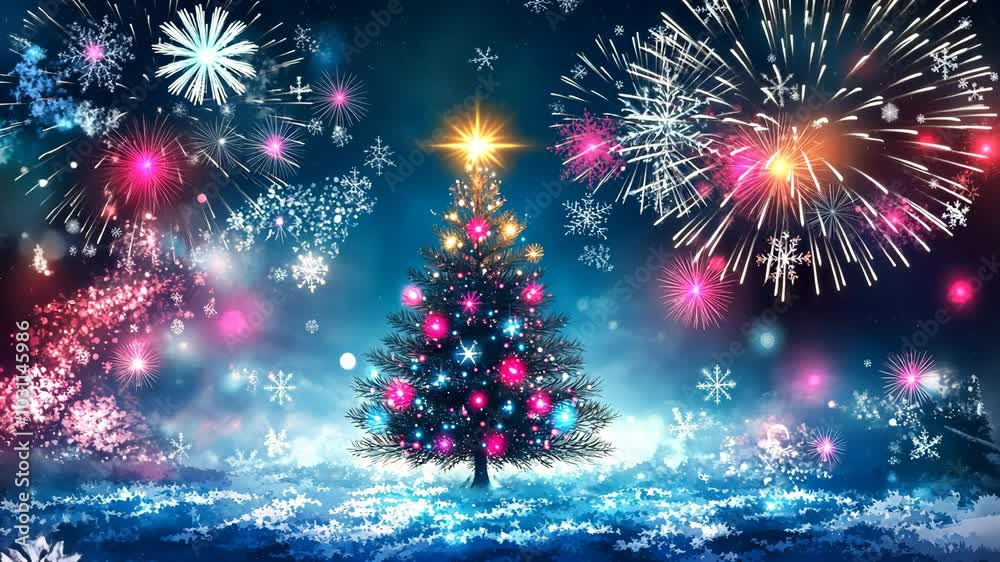 A festive Christmas tree stands tall against a backdrop of fireworks and snowflakes A festive Christmas tree stands tall against a backdrop of fireworks and snowflakes