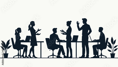 Silhouette of diverse business professionals engaging in a collaborative office discussion, illustrating teamwork and communication.