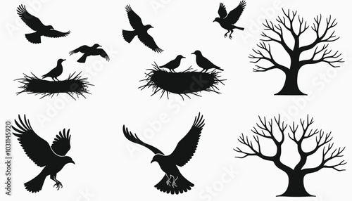 Black silhouettes of birds and trees create a striking nature scene against a white background, highlighting the elegance and simplicity of the natural world.