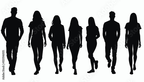 Silhouettes of five women and two men walking confidently in a row against a white background, projecting a sense of unity and purpose.