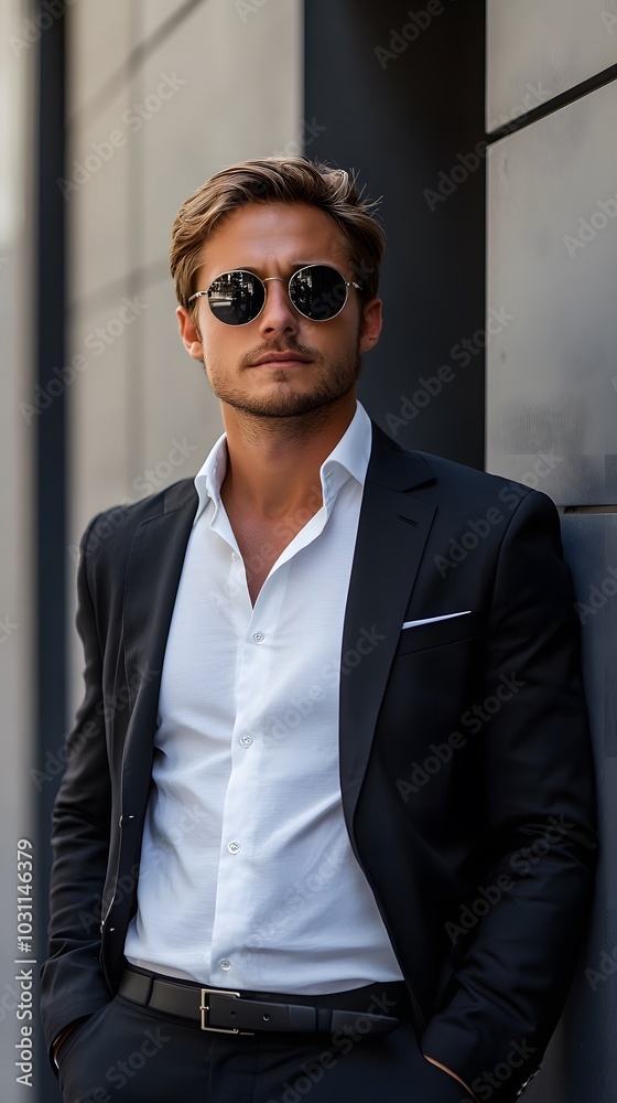 Confident young man wearing sunglasses and black suit in urban setting Confident young man wearing sunglasses and black suit in urban setting