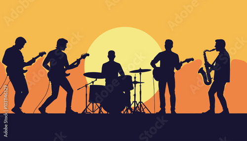 Silhouette of a diverse band performing energetically against a vibrant sunset backdrop.