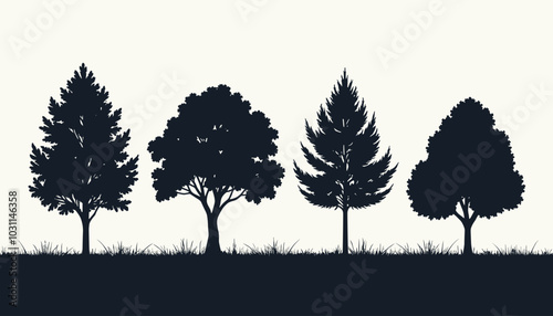 Silhouette of four distinct tree types in a row, set against a simple white background.