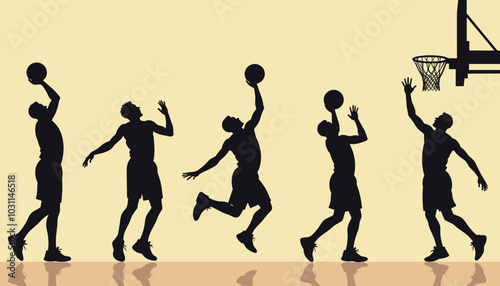 Silhouettes of five male basketball players executing a jump shot sequence against a neutral background, showcasing athleticism and dynamic movement.