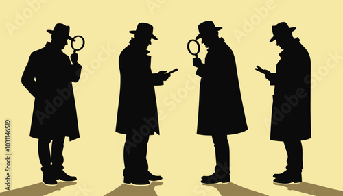 Silhouetted figures of detectives in various poses against a yellow background, exuding mystery and intrigue.