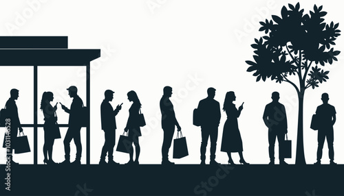 Silhouette of diverse individuals waiting at a bus stop with shopping bags, set against a minimalistic background, conveying themes of urban life and routine.