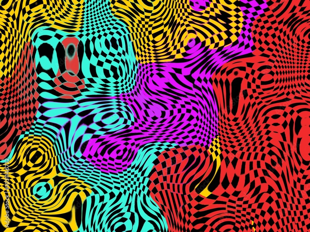 Obraz premium Abstract background with a psychedelic and trippy design featuring a checkered pattern in shades of red, yellow, blue, and pink
