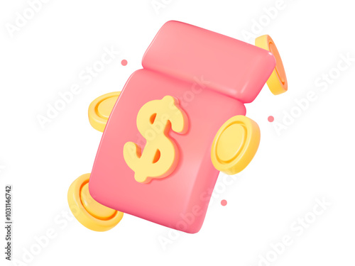 3D dollar sign with a red coupon and attached gold coins. Vector illustration for capital preservation, cashback exchange, and earning bonuses.