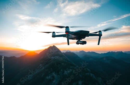 A drone's perspective flying over a stunning mountain range during sunset, capturing the natural beauty of the landscape. photo