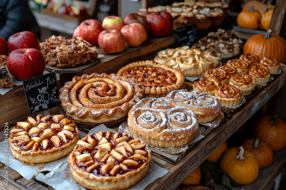 A bakery stand at a fall fair, offering freshly baked pumpkin pies, apple tarts, and cinnamon rolls. Concept of culinary tradition. A bakery stand at a fall fair, offering freshly baked pumpkin pies, apple tarts, and cinnamon rolls. Concept of culinary tradition.