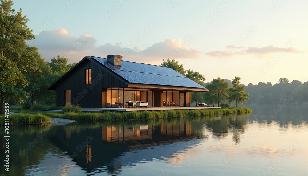 Modern lakeside home with solar panels on the roof, with reflections in the water, a clean and green source of energy, skyline visible Modern lakeside home with solar panels on the roof, with reflections in the water, a clean and green source of energy, skyline visible