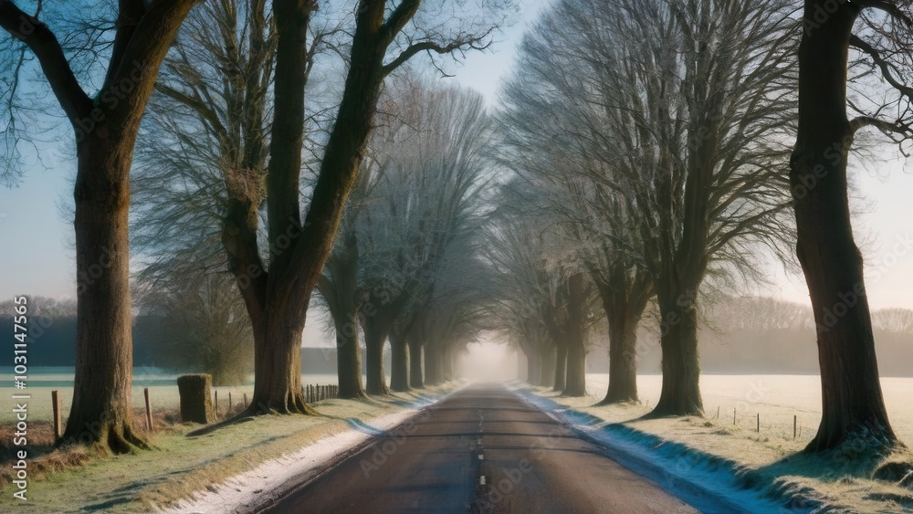 custom made wallpaper toronto digitalA quiet country road stretches into the distance, flanked by frost-covered trees and green fields. The misty winter morning creates a peaceful, dreamlike atmosphere in this rural landscape