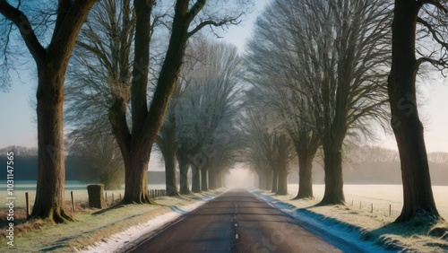 Wallpaper Mural A quiet country road stretches into the distance, flanked by frost-covered trees and green fields. The misty winter morning creates a peaceful, dreamlike atmosphere in this rural landscape Torontodigital.ca