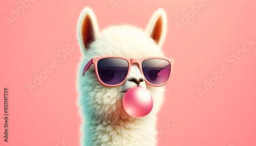 A llama wearing sunglasses and blowing a bubble.