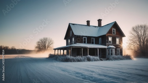 An enchanting Rural winter landscape features a wooden farmhouse in the middle of a snow-covered field. Icicles hang from the roof as the morning sun gently rises, bathing the quiet countryside in sof