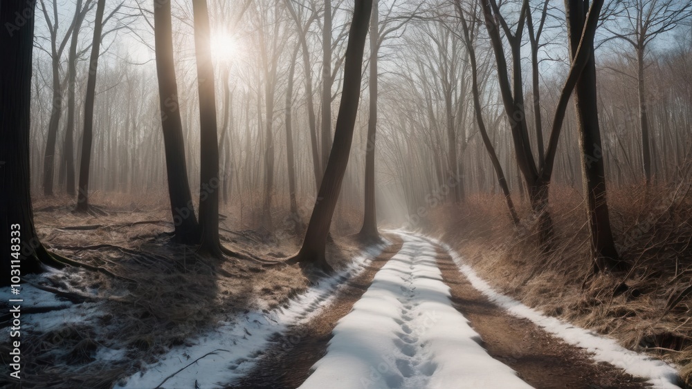 An enchanting Rural winter landscape featuring a forest path lightly covered in snow, with bare trees reaching into the misty winter air. The sunlight streaming through the branches adds a sense of wa An enchanting Rural winter landscape featuring a forest path lightly covered in snow, with bare trees reaching into the misty winter air. The sunlight streaming through the branches adds a sense of wa
