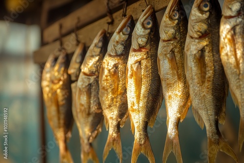 Dried Fish Hanging on Wooden Hooks in a Rustic Kitchen photo