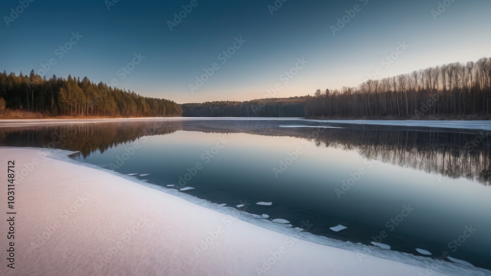 A tranquil Rural winter landscape featuring a frozen lake with icy reflections of a dense forest. The soft glow of the evening light on the treetops adds warmth to the cold, frosty scene, creating a p A tranquil Rural winter landscape featuring a frozen lake with icy reflections of a dense forest. The soft glow of the evening light on the treetops adds warmth to the cold, frosty scene, creating a p