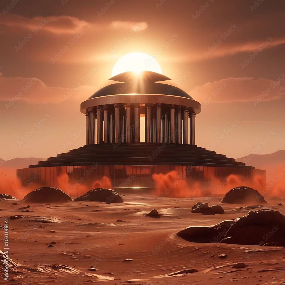 Obraz premium A monumental structure on Mars , casting long shadows over the red sands, with intricate alien carvings and tall spires,