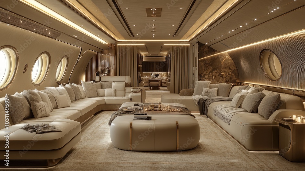 Fototapeta premium Luxurious living room interior design on a private jet with beige and gold accents.