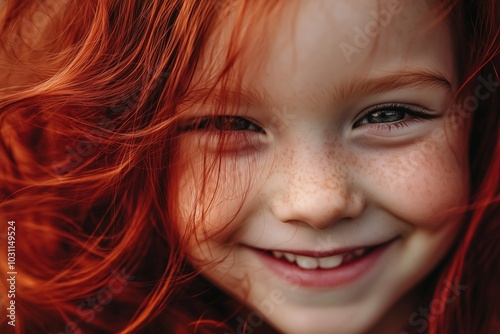 Joyful redheaded child with freckles smiling brightly outdoors in natural light photo