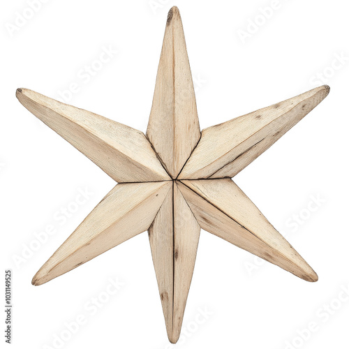 Wooden star decoration with rustic design, featuring five pointed shape and natural wood texture, perfect for home decor or festive occasions.  isolated white background