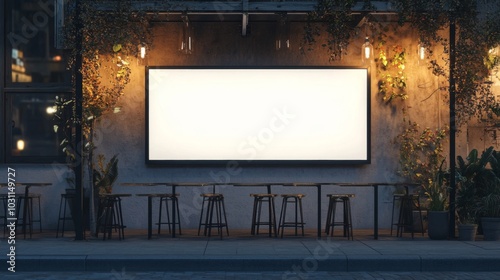 Cozy outdoor seating area featuring a blank billboard surrounded by warm illumination and greenery.