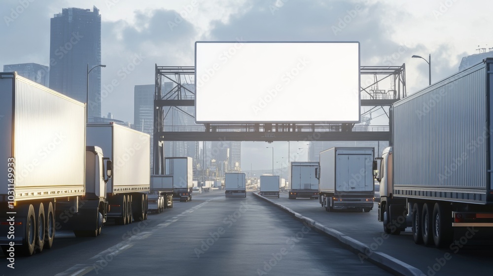 traffic scene featuring trucks lined up on a highway, with a large blank billboard above, set against a cloudy urban backdrop. traffic scene featuring trucks lined up on a highway, with a large blank billboard above, set against a cloudy urban backdrop.