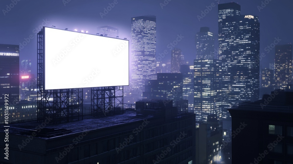 nighttime cityscape featuring a large blank billboard illuminated against a backdrop of skyscrapers and city lights.