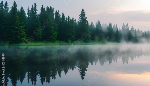 A misty lake at dawn, with fog lifting from the surface and a dense evergreen forest reflected in the still water.