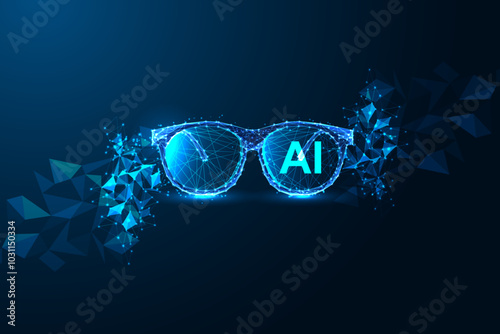 AI perception concept with polygonal glasses and abstract data flow on dark blue background. 