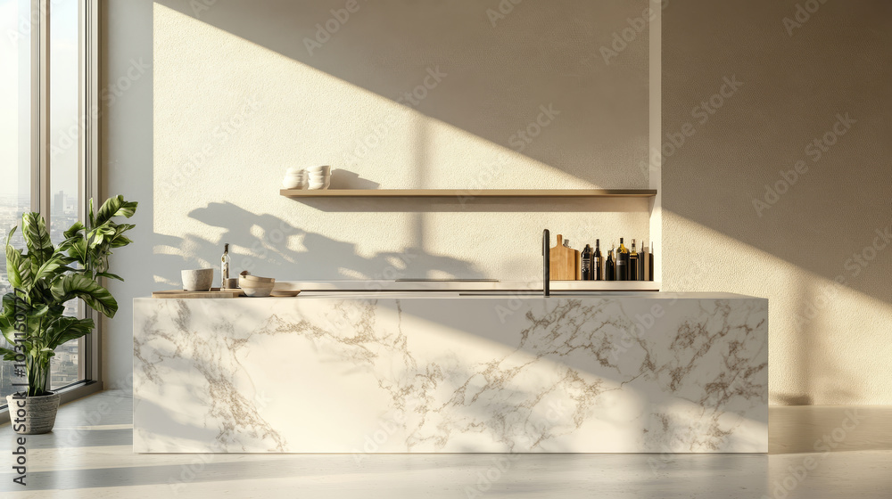 White marble kitchen island in modern luxury kitchen in sunlight. Interior decoration, product background White marble kitchen island in modern luxury kitchen in sunlight. Interior decoration, product background